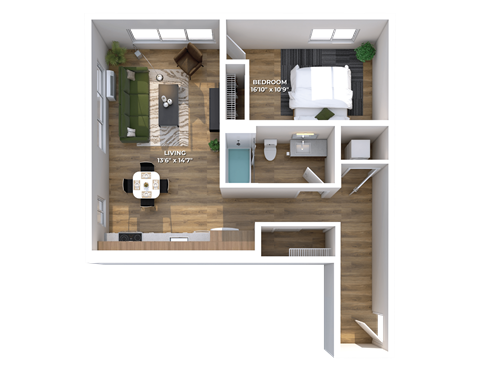 Floor plan for 1 bed, 1 bath, 724 sqft